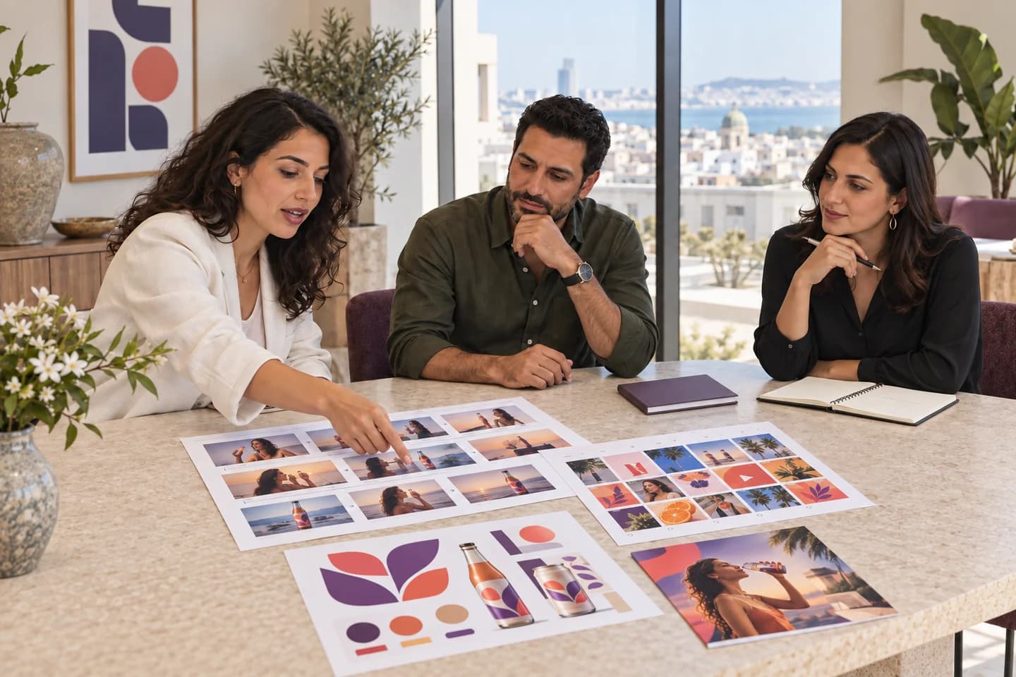 Tasweeq — stratégie de marque et campagne Illustrative scene: reviewing a campaign, its brand identity and content.